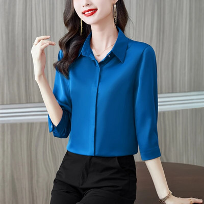 2023. korejske modne ženske bluze uredske dame jednostavne ljubičaste boje vina bijele satenske košulje udobne svilene majice s 3/4 rukava žene