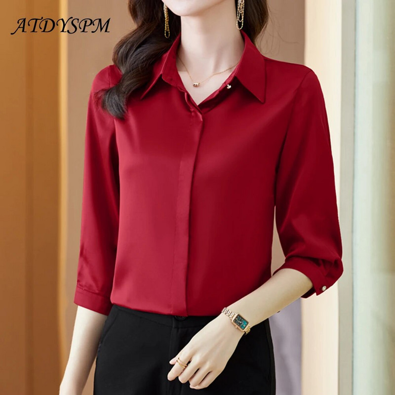 2023. korejske modne ženske bluze uredske dame jednostavne ljubičaste boje vina bijele satenske košulje udobne svilene majice s 3/4 rukava žene