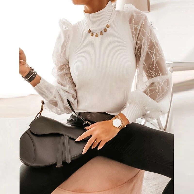 Bluză sexy cu paiete Cămașă de primăvară cu mâneci bufante din plasă Mochiuri de birou Topuri de damă Cămăși negre subțiri cu guler înalt