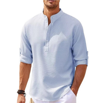 2024 Нова мъжка ежедневна блуза Памучна ленена риза Свободни горнища Тениска с дълъг ръкав Пролет Есен Ежедневни красиви мъжки ризи