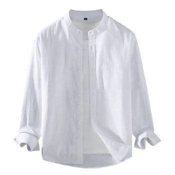 Ανδρικό λινό πουκάμισο με γιακά μακρυμάνικο Henley λευκό μαύρο μαλακό άνετο απλό ανοιξιάτικο καλοκαιρινό ανδρικό πουκάμισο μονόχρωμο