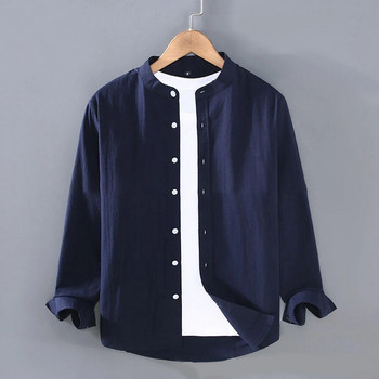 Ανδρικό λινό πουκάμισο με γιακά μακρυμάνικο Henley λευκό μαύρο μαλακό άνετο απλό ανοιξιάτικο καλοκαιρινό ανδρικό πουκάμισο μονόχρωμο