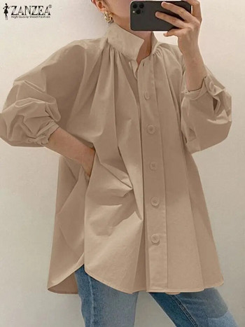 ZANZEA Модна плисирана блуза Дамски ризи с дълъг ръкав Елегантни копчета Blusas Femme Работна OL риза Туника Топове с големи размери 2023