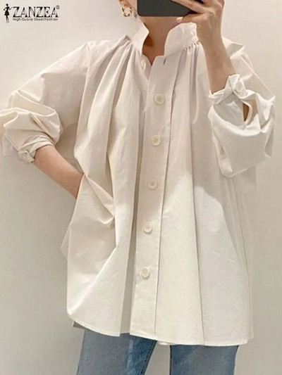 ZANZEA Modna plisirana bluza Ženske košulje dugih rukava Elegantne kopčane Blusas Femme Work OL Majice tunike Oversized 2023