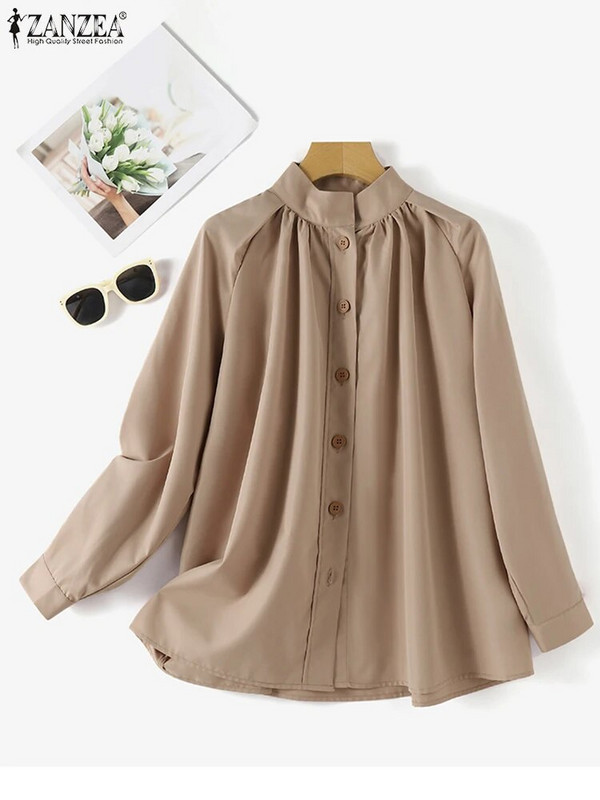 ZANZEA Modna plisirana bluza Ženske košulje dugih rukava Elegantne kopčane Blusas Femme Work OL Majice tunike Oversized 2023