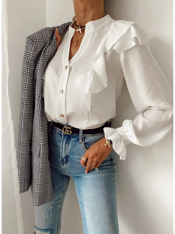 Дамска блуза Риза Офис Дамска риза 2020 Есен Дамски блузи с дълъг ръкав и волани Секси V-образно деколте Къс пуловер Дамски топове