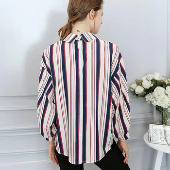 Ανοιξιάτικο καλοκαιρινό ριγέ σιφόν πουκάμισο Γυναικείο μακρυμάνικο γυριστό γιακά Φαρδύ casual μπλούζα Γυναικεία μπλούζα με παπιγιόν μόδας κορίτσι H9079
