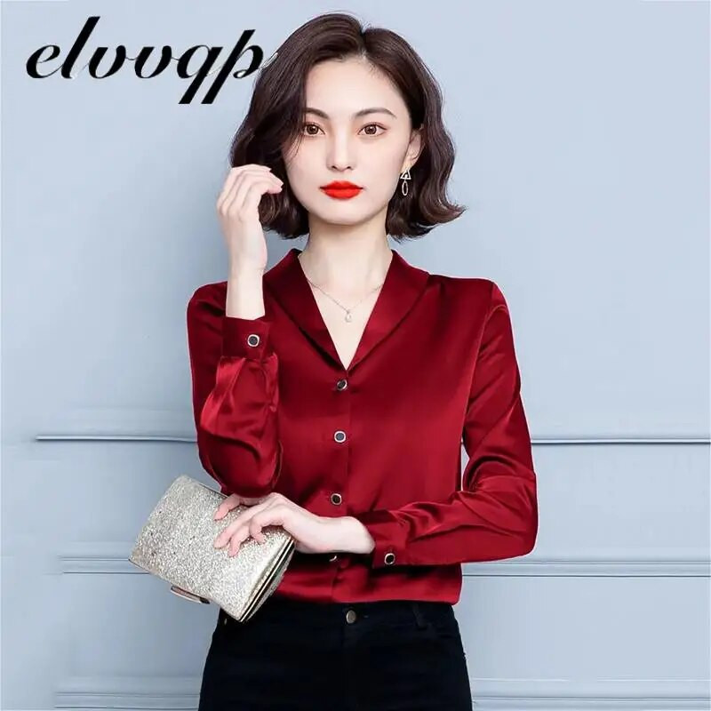 Bluze de toamnă la modă nouă, pentru femei, de dimensiuni mari, ocazionale, cămăși cu decolteu în V, cu mâneci lungi, bluze din șifon, pentru femei, elegante, pentru birou, pentru birou.