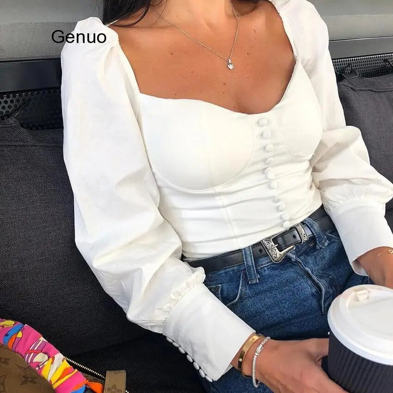 Dámska blúzka s okrúhlym golierom a bielou tunikou, elegantná letná, sexy, s nafúknutými rukávmi, dámske kancelárske blúzky, ležérne