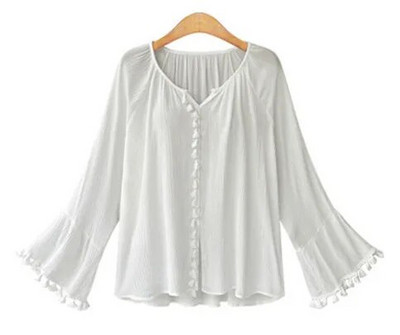 [EL BARCO] Bluză din șifon din bumbac și cămăși pentru femei Blusa de vară cu mâneci lungi evazate cu decolteu în V cu ciucuri Îmbrăcăminte pentru femei M-3XL