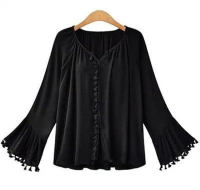 [EL BARCO] Bluză din șifon din bumbac și cămăși pentru femei Blusa de vară cu mâneci lungi evazate cu decolteu în V cu ciucuri Îmbrăcăminte pentru femei M-3XL