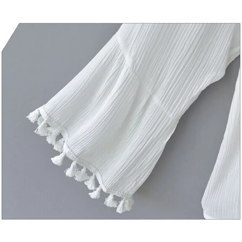 [EL BARCO] Bluză din șifon din bumbac și cămăși pentru femei Blusa de vară cu mâneci lungi evazate cu decolteu în V cu ciucuri Îmbrăcăminte pentru femei M-3XL