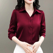 Proljetne modne bluze i košulje Elegantne satenske svilene košulje s dugim rukavima na preklop Uredske majice Blusas Mujer De Moda 2024 J149