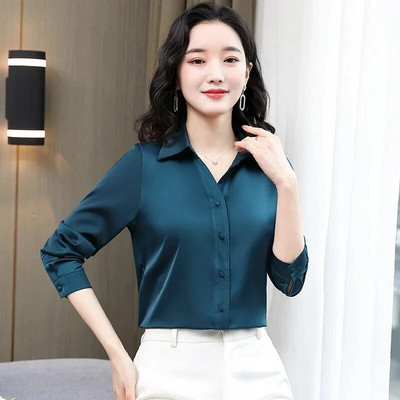 Proljetne modne bluze i košulje Elegantne satenske svilene košulje s dugim rukavima na preklop Uredske majice Blusas Mujer De Moda 2024 J149