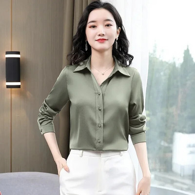 Proljetne modne bluze i košulje Elegantne satenske svilene košulje s dugim rukavima na preklop Uredske majice Blusas Mujer De Moda 2024 J149