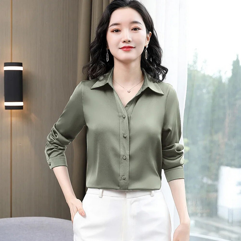 Proljetne modne bluze i košulje Elegantne satenske svilene košulje s dugim rukavima na preklop Uredske majice Blusas Mujer De Moda 2024 J149