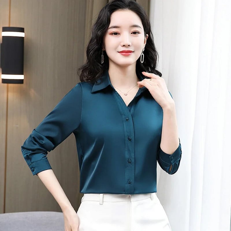 Proljetne modne bluze i košulje Elegantne satenske svilene košulje s dugim rukavima na preklop Uredske majice Blusas Mujer De Moda 2024 J149