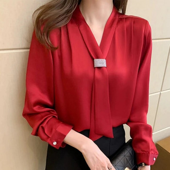 Корейски дамски ризи Шифонени блузи за жени Ризи с дълъг ръкав Топове Дамска блуза с панделка Топове Модна дамска риза с папионка XXL