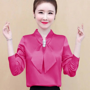 Пролетна и лятна сатенена риза Дамска нова корейска мода 2023 г. Гланцова горна премиум риза с V-образно деколте и дълъг ръкав
