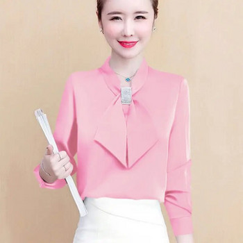 Ανοιξιάτικο και Καλοκαιρινό σατέν πουκάμισο Γυναικείο 2023 Νέα Κορεάτικη Μόδα γυαλιστερό μπλουζάκι Premium φιόγκο με μακρυμάνικο λαιμόκοψη