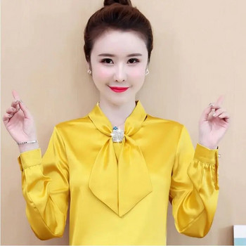 Ανοιξιάτικο και Καλοκαιρινό σατέν πουκάμισο Γυναικείο 2023 Νέα Κορεάτικη Μόδα γυαλιστερό μπλουζάκι Premium φιόγκο με μακρυμάνικο λαιμόκοψη