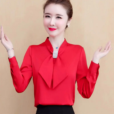 Pavasario ir vasaros satininiai marškinėliai, moteriški 2023 m. Nauji Korėjos mados blizgūs aukščiausios kokybės marškiniai su V formos iškirpte ilgomis rankovėmis