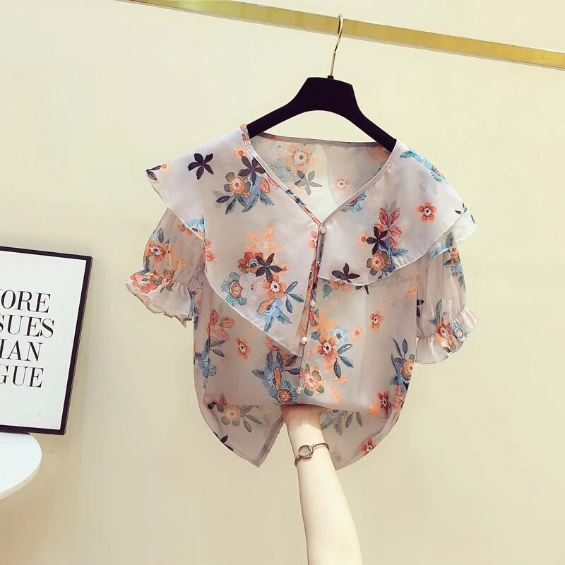 Ženske ležerne proljetno-ljetne šifonske bluze, košulje, ženske ležerne široke majice s otisnutim cvjetovima, tanke slatke bluze