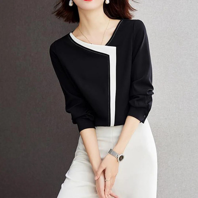 Profesija uredske dame Šifon bluze Urbana moda Ženski pulover s V izrezom dugih rukava Crna elegantna ženska košulja 2022.