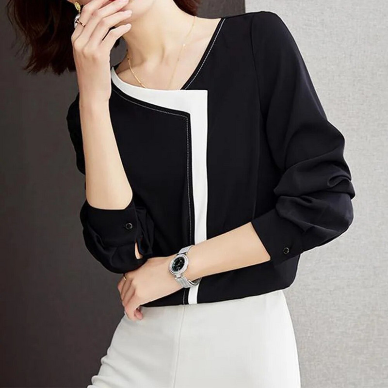 Profesija uredske dame Šifon bluze Urbana moda Ženski pulover s V izrezom dugih rukava Crna elegantna ženska košulja 2022.