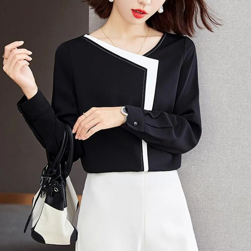 Profesija uredske dame Šifon bluze Urbana moda Ženski pulover s V izrezom dugih rukava Crna elegantna ženska košulja 2022.