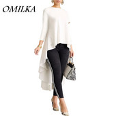 OMILKA Moteriški Swallowtail Hi Low Shirt 2018 Rudens moteriškos ilgos rankovės O kaklo atsitiktinis laisvas baltas žalias klubo vakarėlis marškinėlių palaidinė