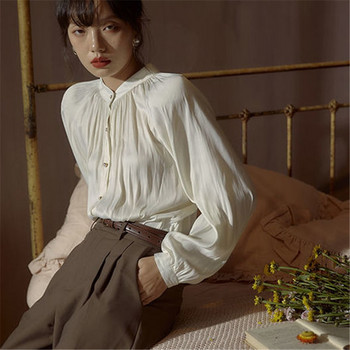 Γυναικείο πουκάμισο μπλούζα λευκό φανάρι μανίκι Vintage πλισέ σατέν πουκάμισο Καλοκαιρινό φθινοπωρινό μακρυμάνικο πουκάμισο Loose office γυναικεία μπλουζάκια