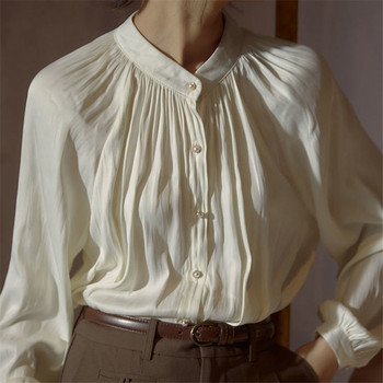 Дамска блуза, риза, бял фенер с ръкав, реколта, плисирана сатенена риза, лятна есенна риза с дълъг ръкав, свободни офис дамски блузи