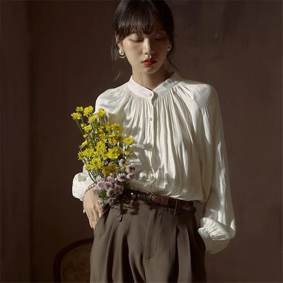 Bluză pentru femei Cămașă cu mânecă lanternă albă Cămașă din satin plisată de vară, toamnă, cămașă cu mânecă lungă, la birou, pentru damă