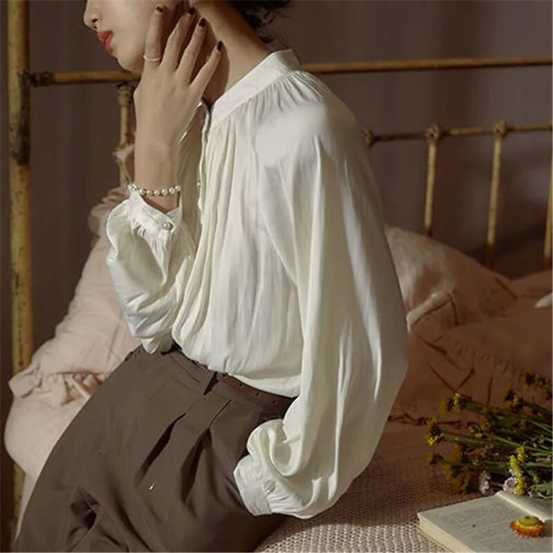 Bluză pentru femei Cămașă cu mânecă lanternă albă Cămașă din satin plisată de vară, toamnă, cămașă cu mânecă lungă, la birou, pentru damă