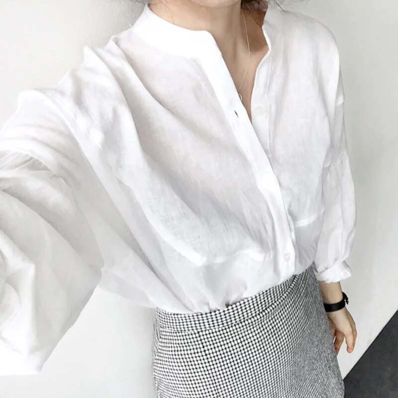 VogorSean Лятна дамска блуза, риза, памук 2019, дамски свободни дамски ризи с 5/5 ръкави за свободното време, бяла блуза, горна част от 100% памук от лен
