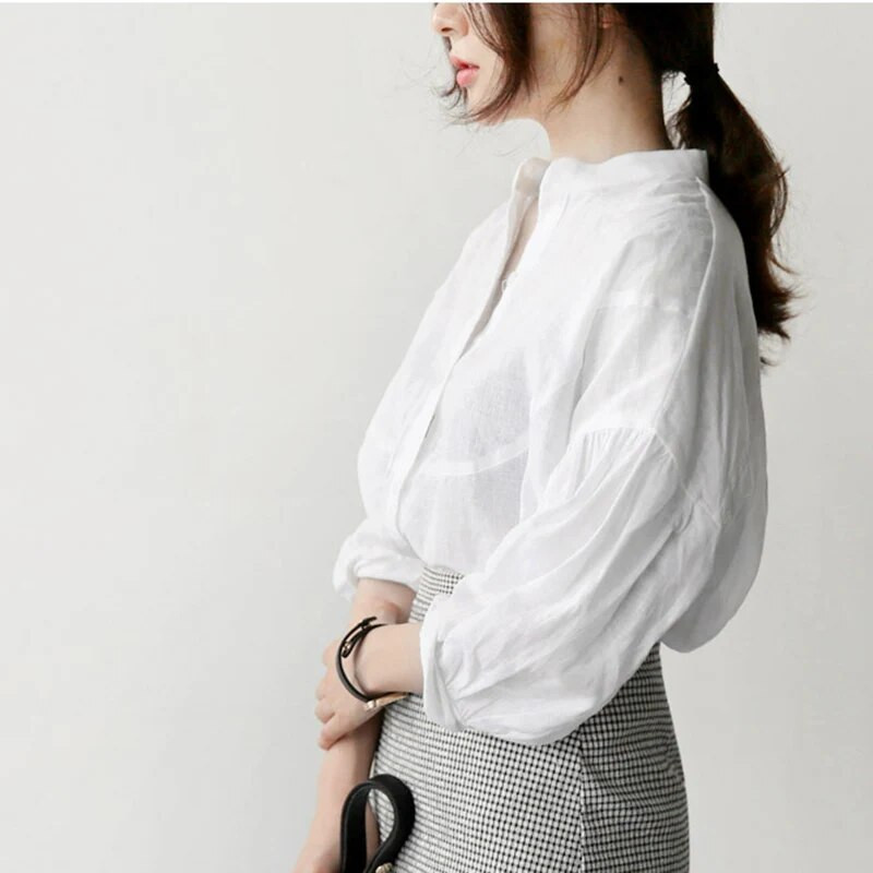 VogorSean Лятна дамска блуза, риза, памук 2019, дамски свободни дамски ризи с 5/5 ръкави за свободното време, бяла блуза, горна част от 100% памук от лен