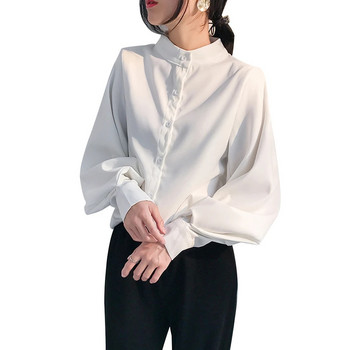 Дамска блуза с ръкав с голям фенер, риза, дамска есенно-зимна яка с яка, офис работна блуза, едноцветна ретро блуза, ризи, женски