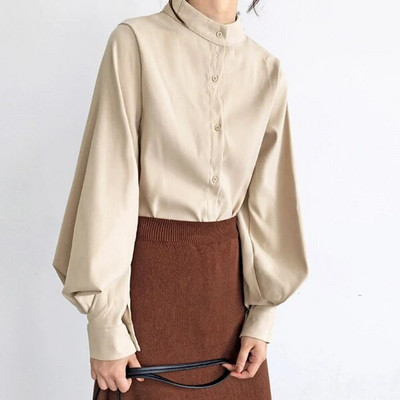 Ženska velika bluza s lanternastim rukavima Ženska jesen-zima Samostojeća kragna Uredska poslovna bluza Jednobojna vintage bluza Košulje Ženske