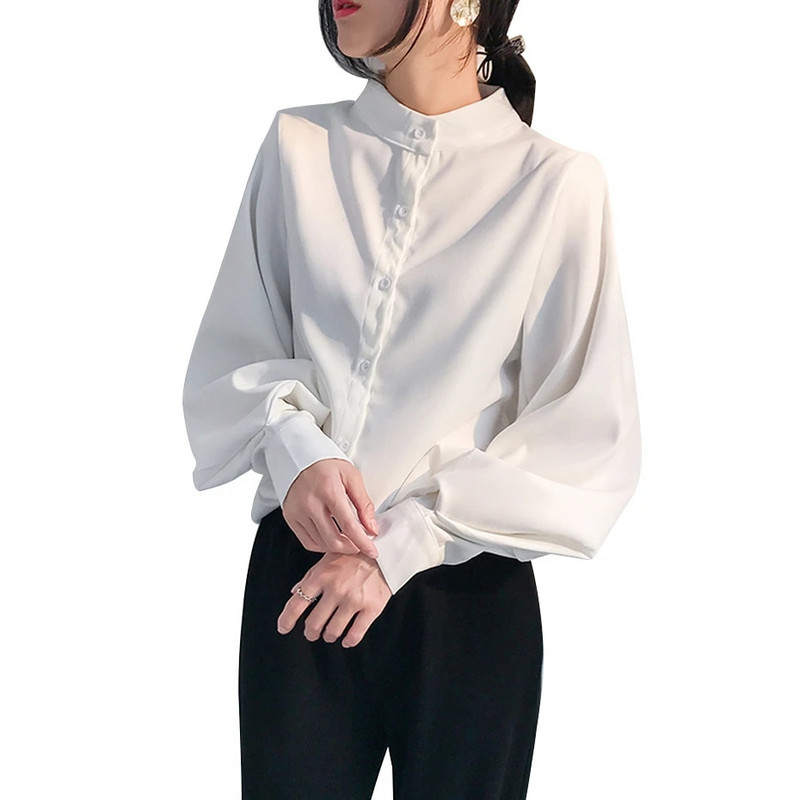 Ženska velika bluza s lanternastim rukavima Ženska jesen-zima Samostojeća kragna Uredska poslovna bluza Jednobojna vintage bluza Košulje Ženske
