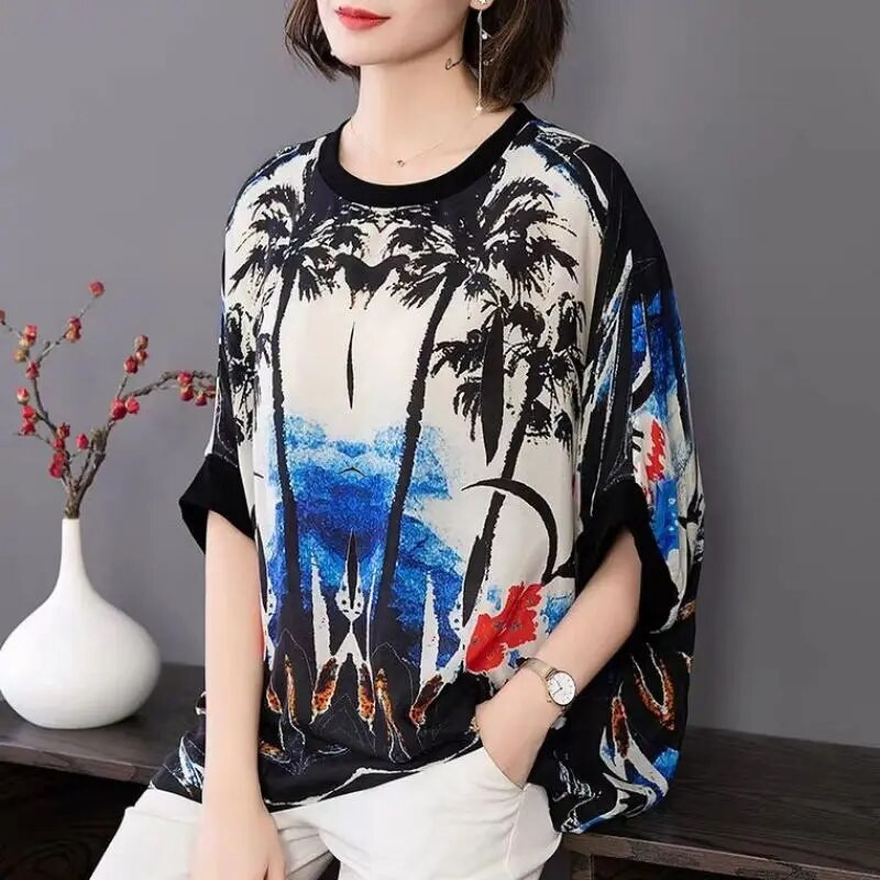 Vintage trükitud Täielikult sobiv šifoonist Batwing varrukatega pluus Naiste riided 2023. aasta kevad, uus vabaaja pulloverid, avar Korea särk