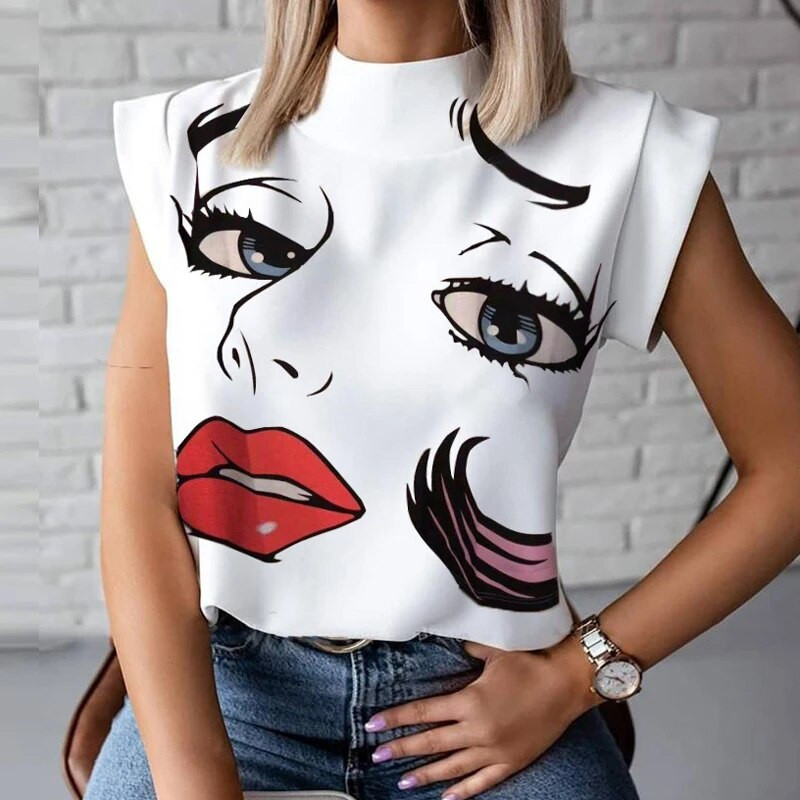 Modne žene Usne Otisnute trepavice Bluze bez rukava Košulje Ljeto 2020. Dame Elegantne uredske dame Ležerne majice Blusa Streetwear