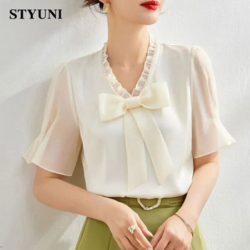 Μωβ φιόγκος γιακάς με μανίκια γραφείου Lady Chic Chiffon Φαρδιά γυναικεία μπλούζα πουλόβερ Κορεατικά τοπ για γυναικεία ρούχα