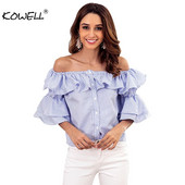 Bluză sexy cu umăr dezactivat pentru femei, cu mânecă evazată, cu volane, bluză ocazională, cămașă cu jumătate de mânecă de toamnă în dungi 2018