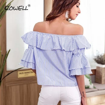 Off Shoulder Sexy Blouse Γυναικεία Flare Sleeve Ruffle Casual Blouse πουκάμισο 2018 Ριγέ Φθινοπωρινό πουκάμισο με μισό μανίκι