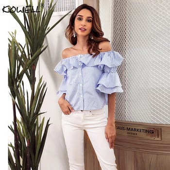 Off Shoulder Sexy Blouse Γυναικεία Flare Sleeve Ruffle Casual Blouse πουκάμισο 2018 Ριγέ Φθινοπωρινό πουκάμισο με μισό μανίκι