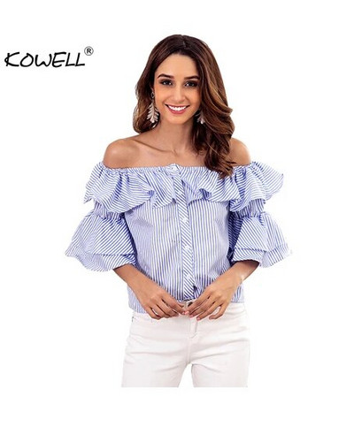 Bluză sexy cu umăr dezactivat pentru femei, cu mânecă evazată, cu volane, bluză ocazională, cămașă cu jumătate de mânecă de toamnă în dungi 2018