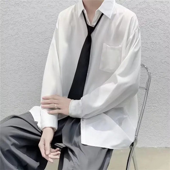 Λευκά μασίφ πουκάμισα με γραβάτα Ανδρικά oversize μακρυμάνικα casual ζακέτα ανοιξιάτικες μπλούζες φθινοπώρου Unisex καθημερινά μπλουζάκια με όλα τα ματς