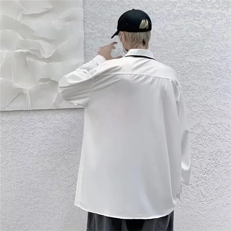 Λευκά μασίφ πουκάμισα με γραβάτα Ανδρικά oversize μακρυμάνικα casual ζακέτα ανοιξιάτικες μπλούζες φθινοπώρου Unisex καθημερινά μπλουζάκια με όλα τα ματς