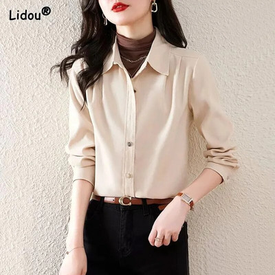 Ženska odjeća, tanka, ležerna, ovratnik na ovratnik, udobna puceta za slobodno vrijeme, jednobojne, ravne bluze, proljeće ljeto